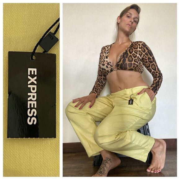 Express Pants Super High Rise Yellow Large Stretch NEW Statement - Picture 3 of 12